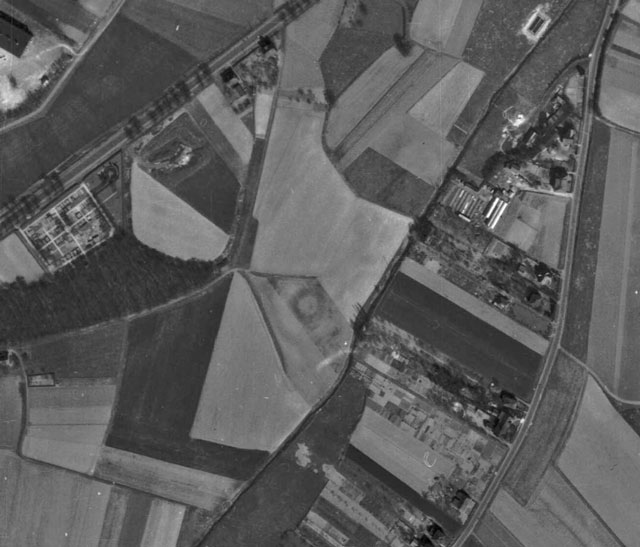 Ausschnitt aus einem Luftbild aus dem Jahre 1929. Deutlich ist eine kreisförmige Anlage zu erkennen. Im Original sieht man auch eine geschlängelte Linie, die sich vom Ring aus nach oben rechts fortsetzt und auf den ehemaligen Verlauf des Mühlenbaches verweisen könnte. Repro Scheffler