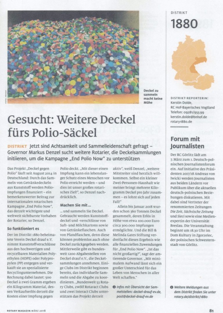 Rotary-Projekt „Deckel gegen Polio“