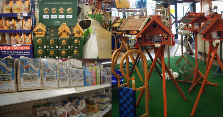 Vogelhäuser und vielfältiges Wildvogelfutter im Baumarkt Fasselt. Perfekt für die winterliche Fütterung heimischer Wildvögel. Bildquelle: Ralf Meier.