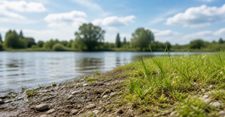 Uferlandschaft in der Emscher-Lippe-Region bei sonnigem Wetter mit niedrigem Niederschlag im Frühjahr 2026