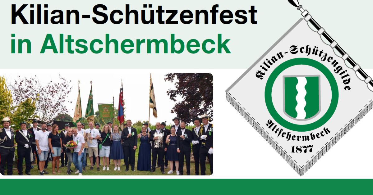 Titelbild zum Kilian-Schützenfest in Altschermbeck 2026 mit Gruppenfoto und Gildenfahne
