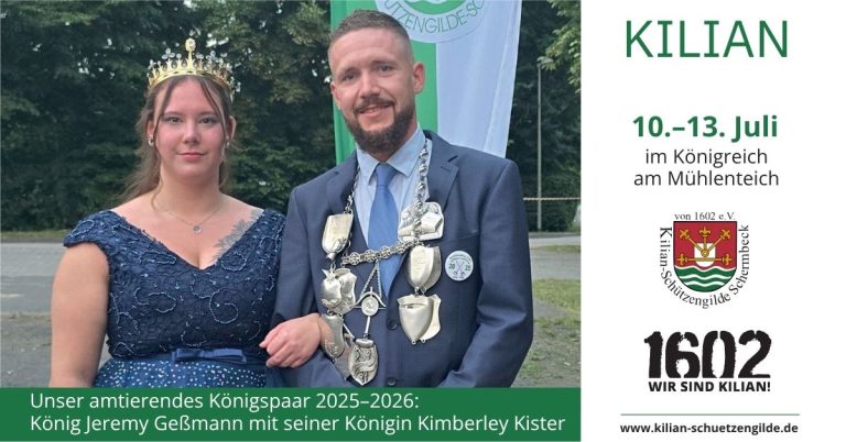 Titelbild zum Kilian-Schützenfest Schermbeck 2026 mit König Jeremy Geßmann und Königin Kimberley Kister