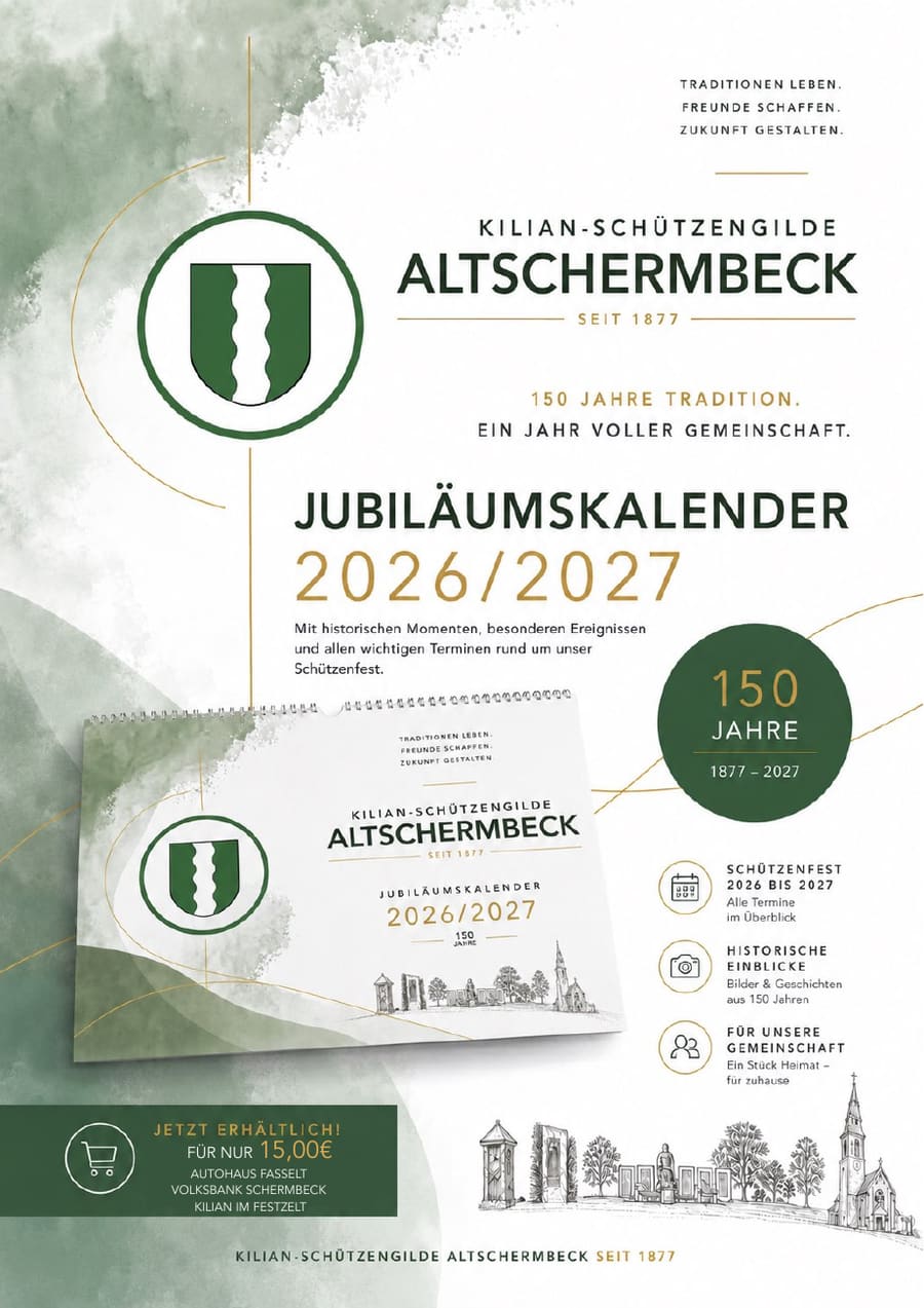 Plakat zum limitierten Jubiläumskalender 2026/2027 der Kilian-Schützengilde Altschermbeck