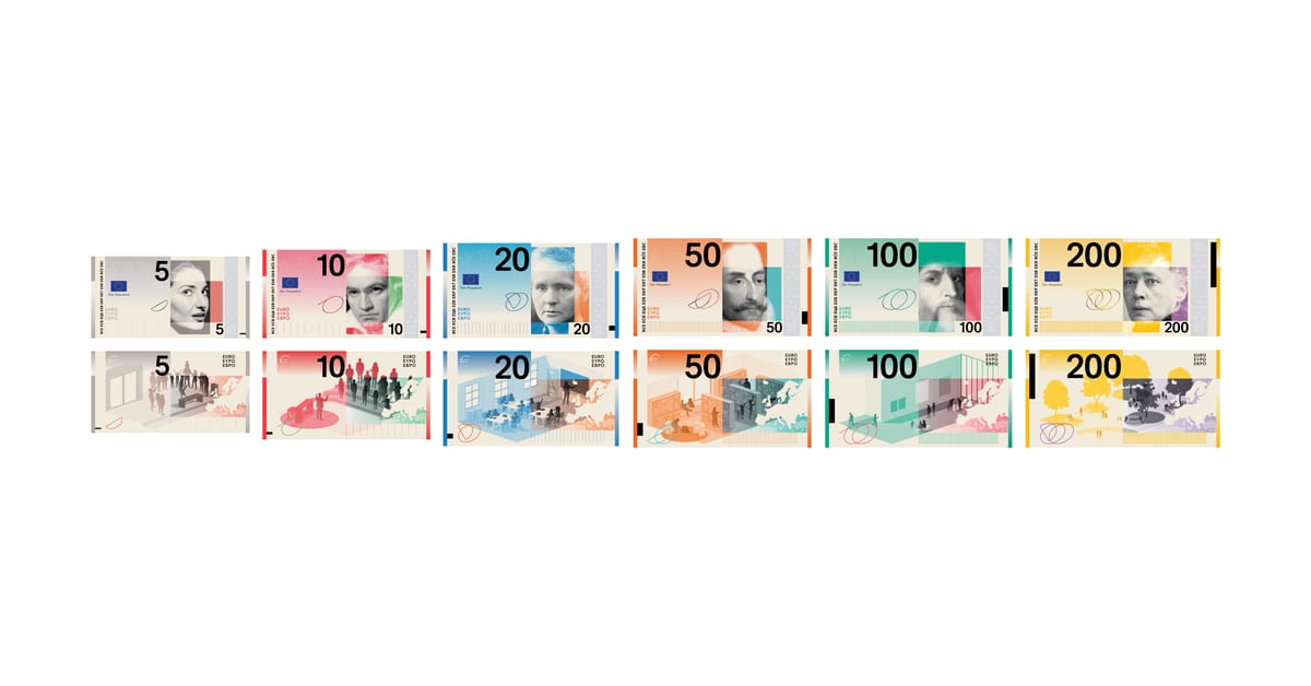 Entwürfe für neue Euro-Banknoten auf einer Übersicht der Europäischen Zentralbank