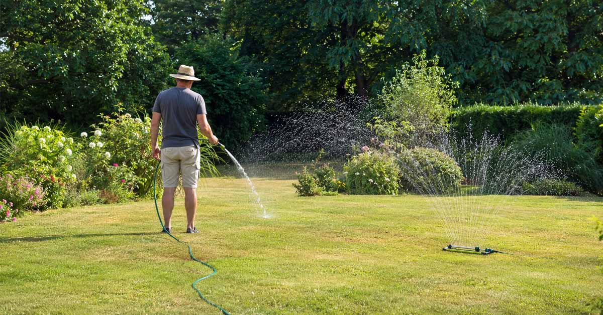 Mann bewässert einen Rasen mit Wasserschlauch und Rasensprenger